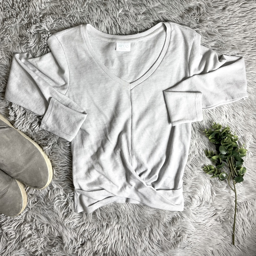 Abound grey thermal waffle knit vneck knot hem top size xs